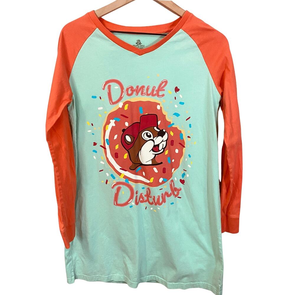 Buc-ees Donut Disturb Beaver Mascot Long Sleeve Raglan Shirt Orange Mint Sz S-M
